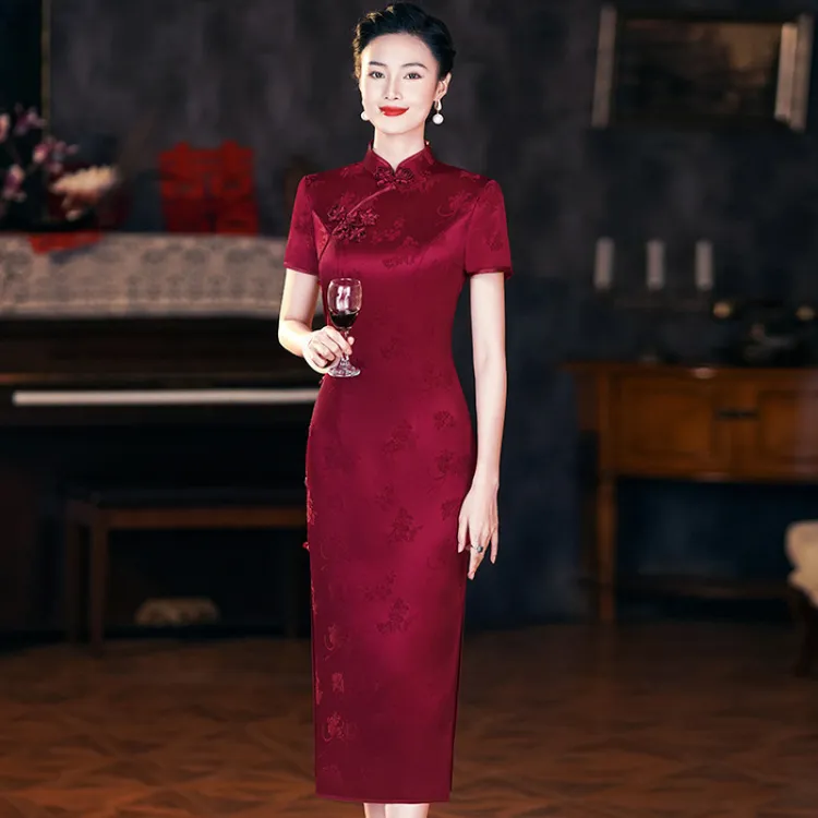 中国风旗袍婚礼妈妈礼服2024夏季高贵醋酸喜婆婆大码显瘦结婚礼服