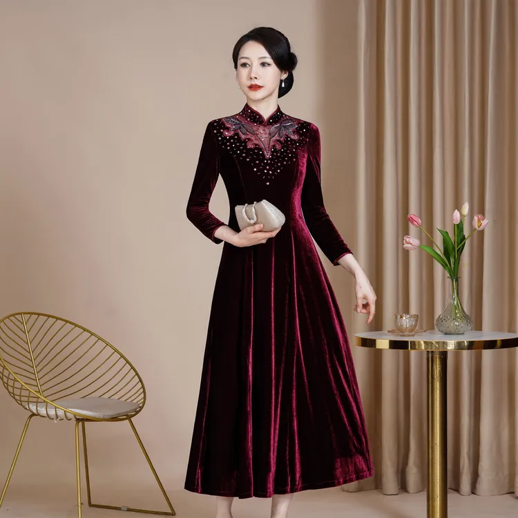 2024新款大摆裙改良丝绒旗袍裙大码喜妈妈婚宴礼服婚庆喜婆婆旗袍