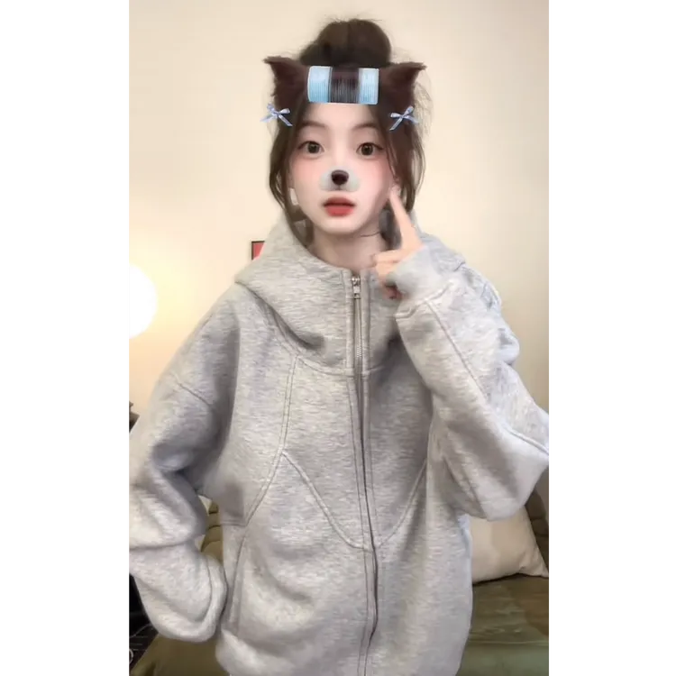 DIYUN/帝韵美式复古情侣宽松重磅炸街卫衣女高级感i人开衫外套潮