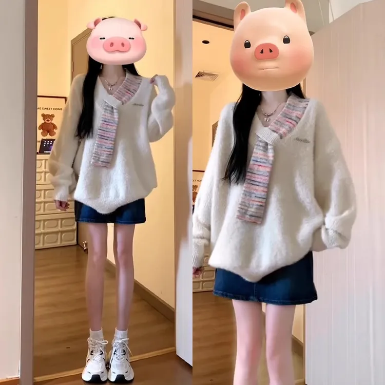 DIYUN/帝韵休闲拼接针织毛衣女秋冬新款V领宽松百搭温柔卫衣甜美