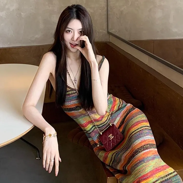 1469度假风法式彩虹条纹针织吊带连衣裙子质感高级感女装夏季新款