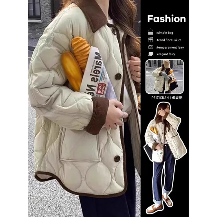 韩版复古菱格棉服外套女秋冬季2025新款小个子棉袄宽松短款棉衣潮