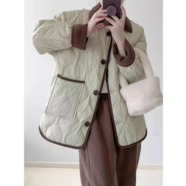 韩版复古菱格棉服女秋冬季小个子宽松棉袄撞色拼接翻领棉衣外套潮
