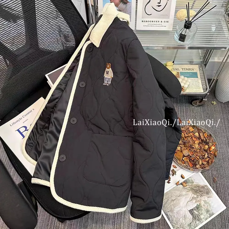 复古撞色翻领小熊刺绣菱格棉服女冬季2025新款宽松短款棉衣外套女
