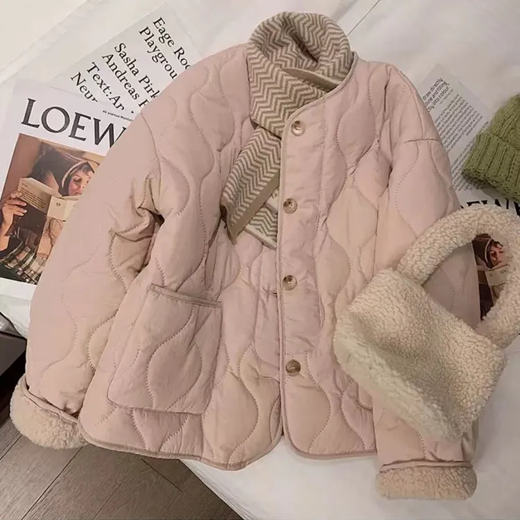 粉色羊羔毛棉服女外套秋冬季新款韩版羊羔绒菱格短款棉衣加厚棉袄
