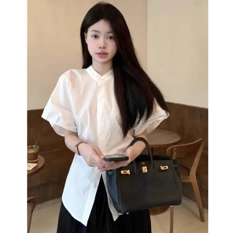 法式复古白色立领泡泡袖衬衫女夏季显瘦短袖衬衣小众设计感上衣潮