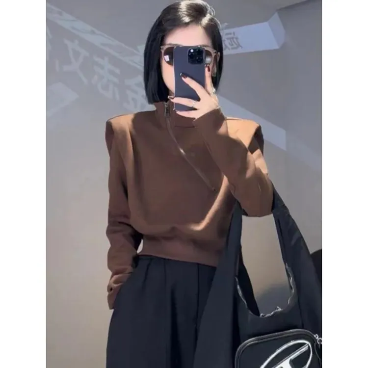 欧货秋季设计感小众斜拉链半高领卫衣女小个子时尚洋气长袖短上衣
