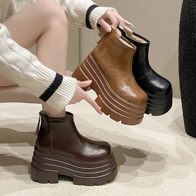 小个子10cm增高雪地靴女2025冬季新款皮面厚底松糕加绒马丁靴棉靴