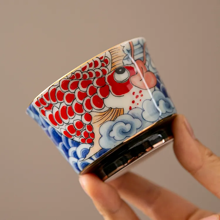 釉中彩红龙鱼茶杯家用泡茶壶品茗杯功夫茶具单杯主人杯手工复古