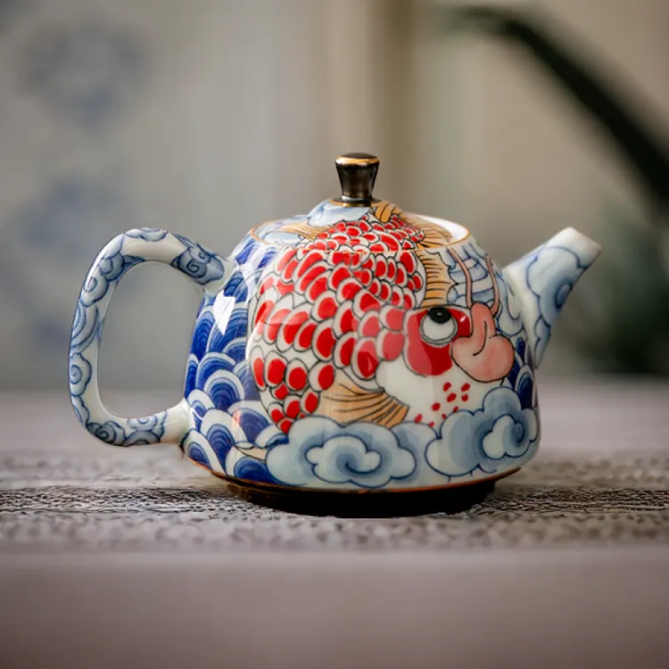 纳福龙鱼茶壶羊脂玉瓷功夫茶具泡茶家用缠枝新款茶具陶瓷青花手工