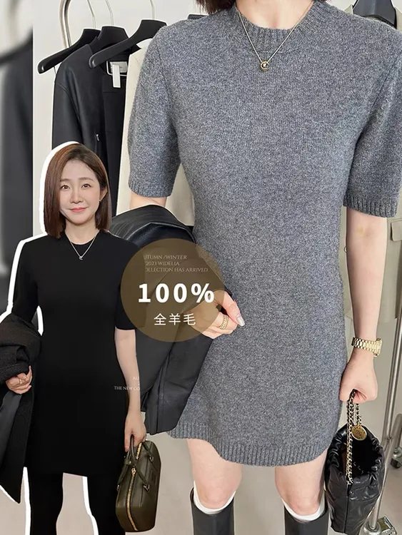 widelia秋季新款韩版小个子设计感圆领显瘦短袖针织连衣裙女16123