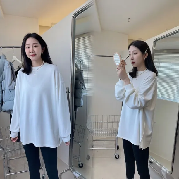 widelia纯色常规宽松长袖加薄绒开叉时尚休闲圆领白色百搭外穿女