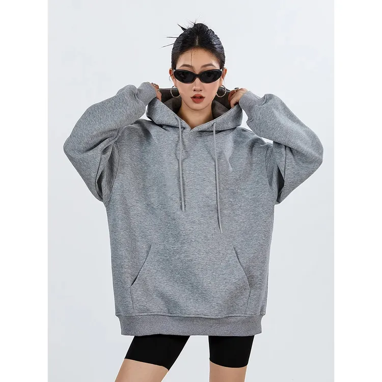 新款美式重磅连帽纯色卫衣女2024新款秋冬叠穿外套chic上衣打底