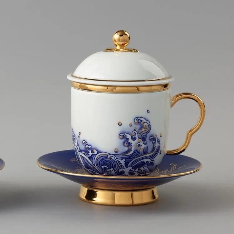 海上明珠4件套盖杯 含茶滤 黄金/白金 高档描金国潮带盖