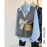 秋冬新款V领蝴蝶结纯色钉珠针织马甲女外穿百搭显瘦短款背心