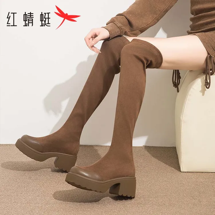 红蜻蜓过膝靴长靴女秋款女靴厚底增高瘦瘦靴子高筒弹力靴