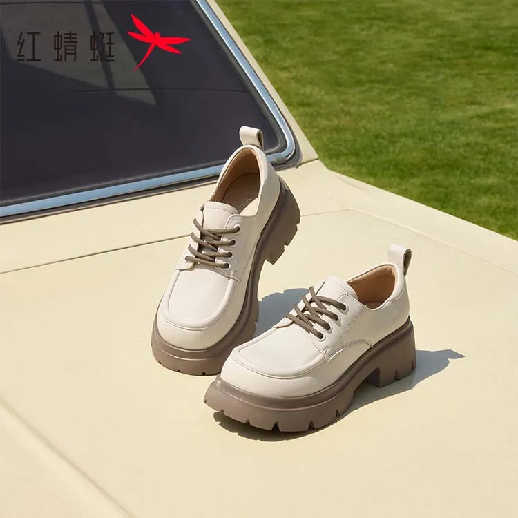 红蜻蜓厚底小皮鞋女真皮新款女鞋子粗跟单鞋英伦风系带乐福鞋百搭