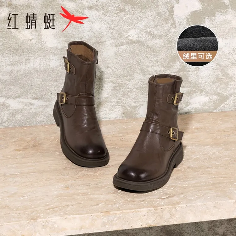 红蜻蜓西部短靴女秋季新款巨好看鞋子真皮棕色女鞋复古美拉德靴子商品图