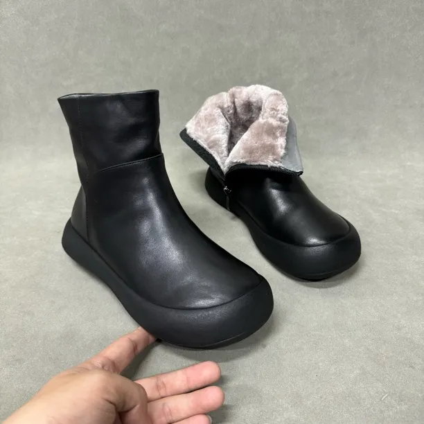 2716-16真皮复古时尚新款冬季女短靴加绒保暖舒适平底小短靴