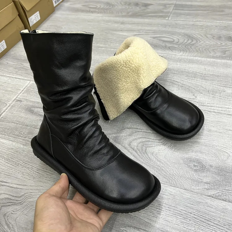 2036-22文艺复古女鞋平跟皮靴头层牛皮中筒软底软面靴子女鞋