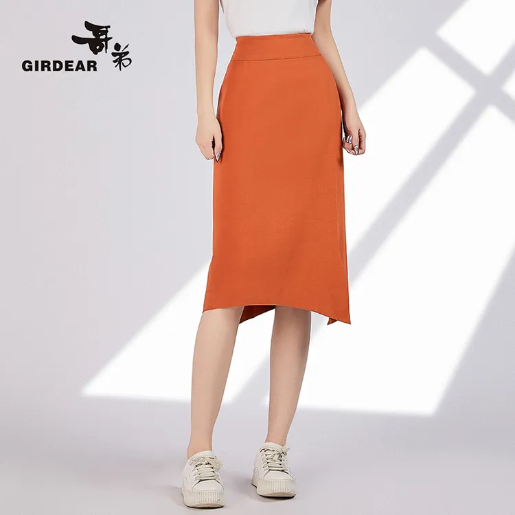 GIRDEAR哥弟 橘色开叉高腰气质百搭梦想裙显瘦女装半身裙1200263
