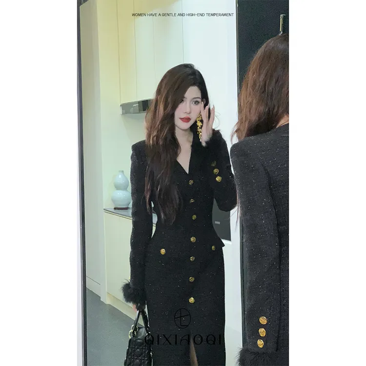 七小七Sicily【威尼斯恋曲】法式黑色小香风V领连衣裙女赫本风长裙