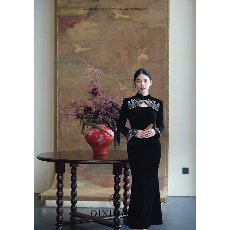 七小七Sicily【十里绘梦】新中式国风黑色连衣裙女秋季小众气质长裙
