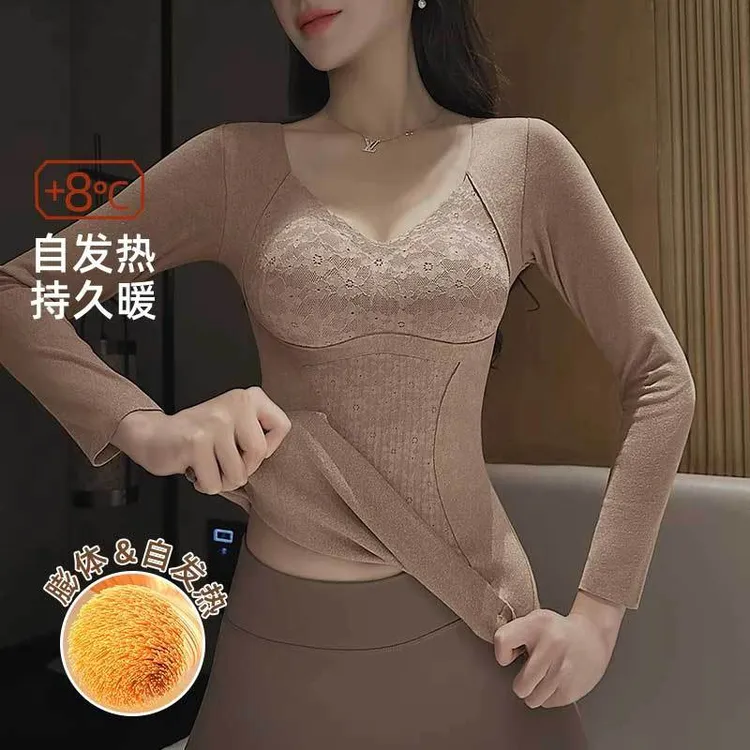 保暖内衣女德绒带胸垫全罩杯加绒加厚秋冬季内搭无痕免穿文胸乳罩