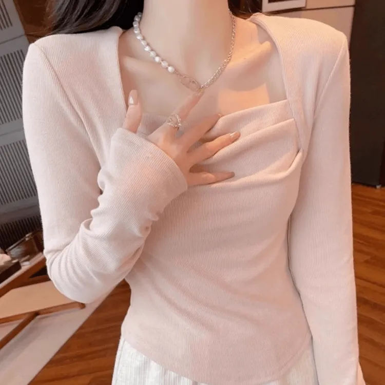 纯欲方领褶皱锁骨修身打底衫上衣女秋冬小众设计感内搭长袖T恤