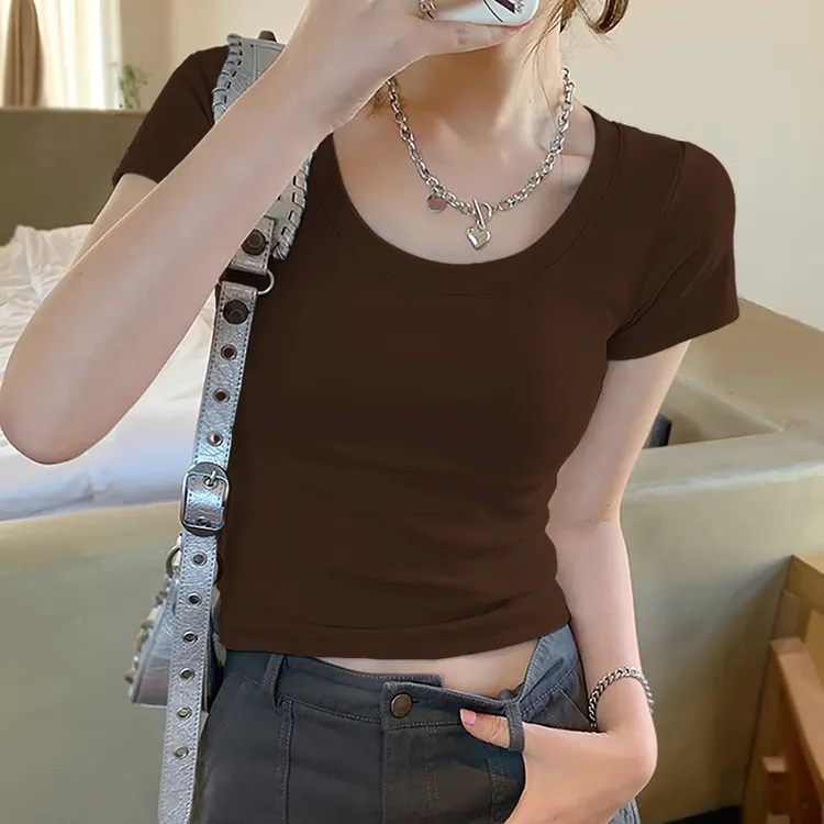 yankejia/妍可佳短袖t恤女小个子夏辣妹短款修身显瘦纯色小众上衣