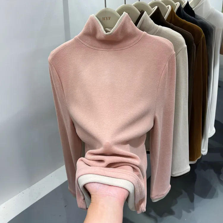 秋冬新款软糯双面磨毛德绒高领长袖T恤女保暖内搭打底衫叠穿上衣