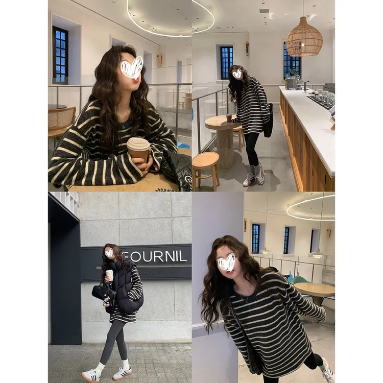 海盐奥利奥 日系海魂条纹衫秋冬保暖慵懒风仿兔毛绒软懦感上衣T恤