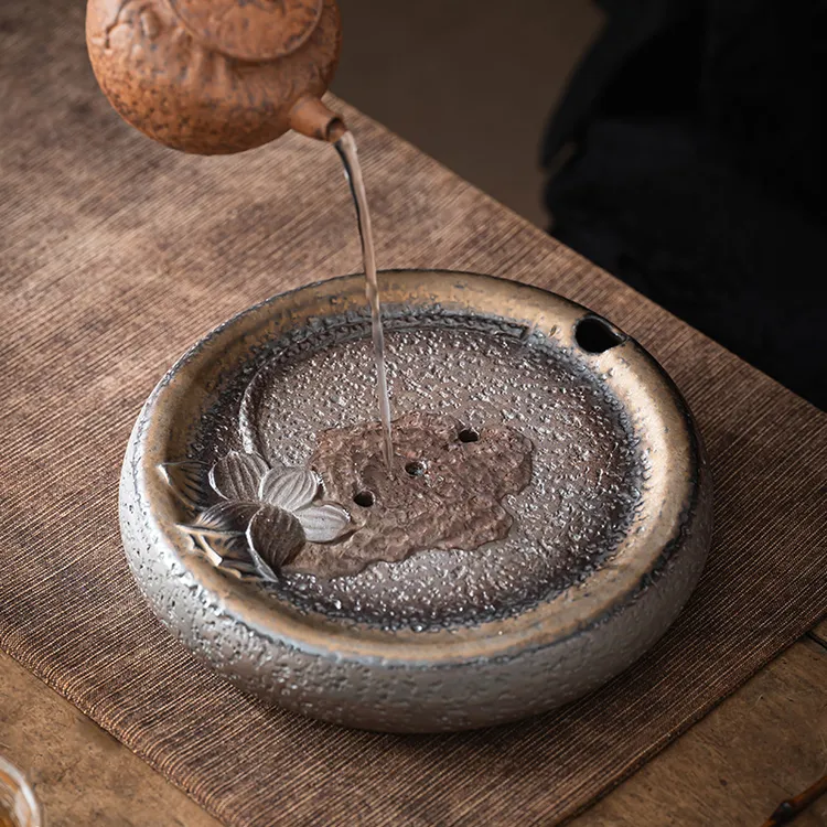 小嶝岛中式粗陶复古简约荷韵壶承老岩泥功夫茶具小型茶托盘干泡台