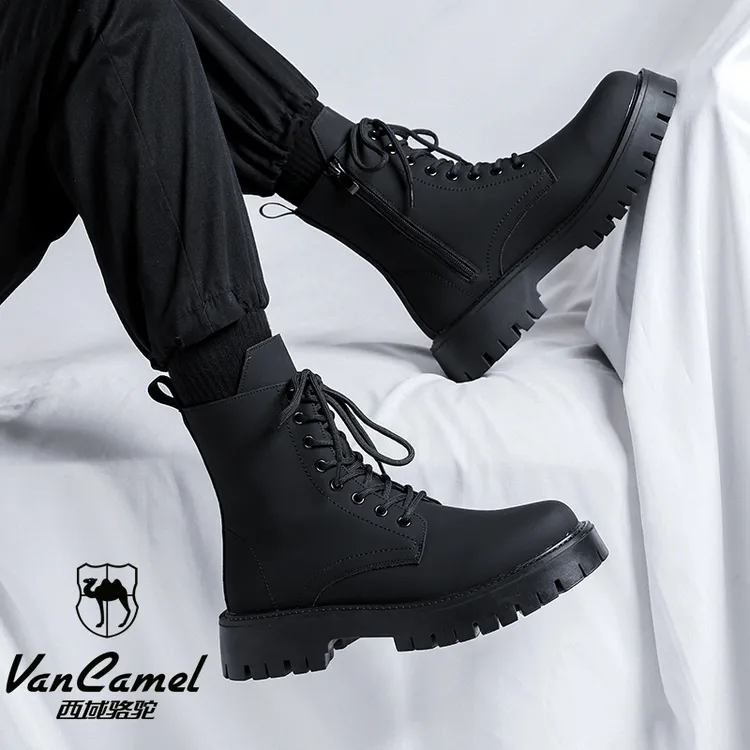 西域骆驼马丁靴男秋季英伦风百搭厚底增高潮流高帮靴炭黑面中帮靴