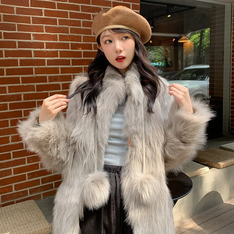 2023秋冬季新款宅女同款托卡仿狐狸毛环保毛球加厚外套小香风上衣