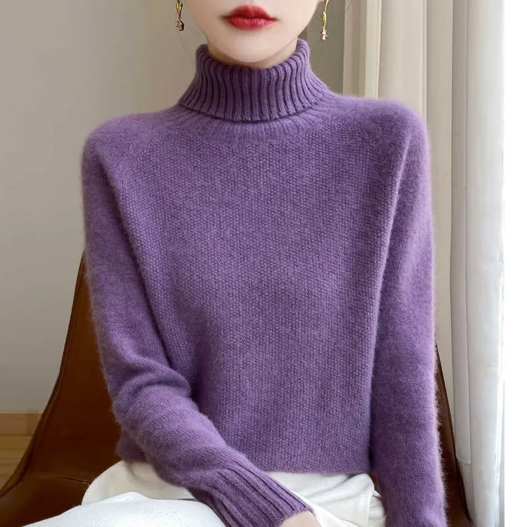 秋冬高领羊毛衫女两翻领简约时尚毛衣套头宽松显瘦纯色针织打底衫