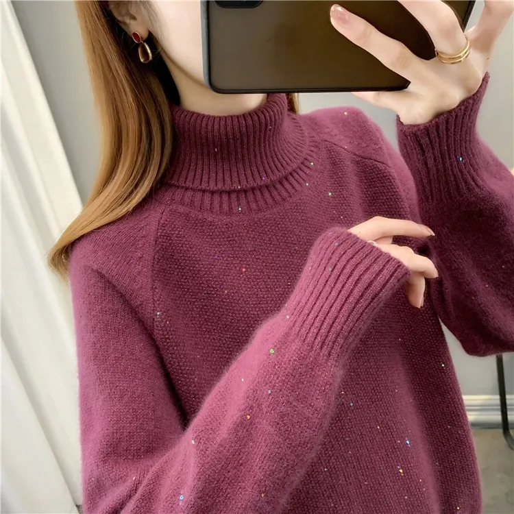 女士亮片毛衣秋冬新款加厚两翻领宽松内搭洋气高领羊毛针织打底衫