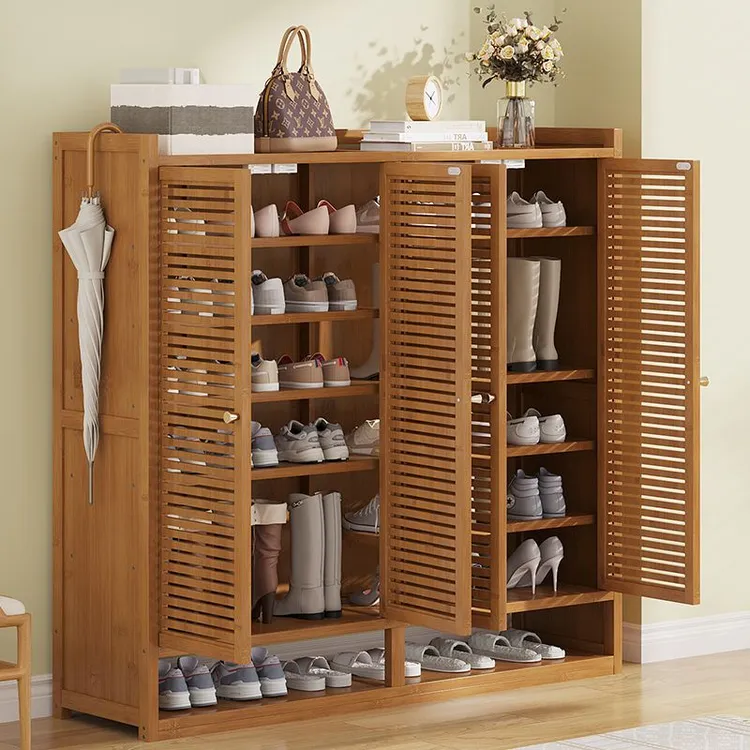 家用门口楠竹新款鞋柜防尘百叶门入户玄关落地鞋架多层收纳大容量