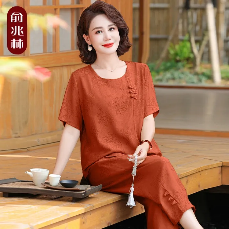 中年妈妈夏装棉麻套装新中式国风上衣2024新款中老年人女夏季短袖