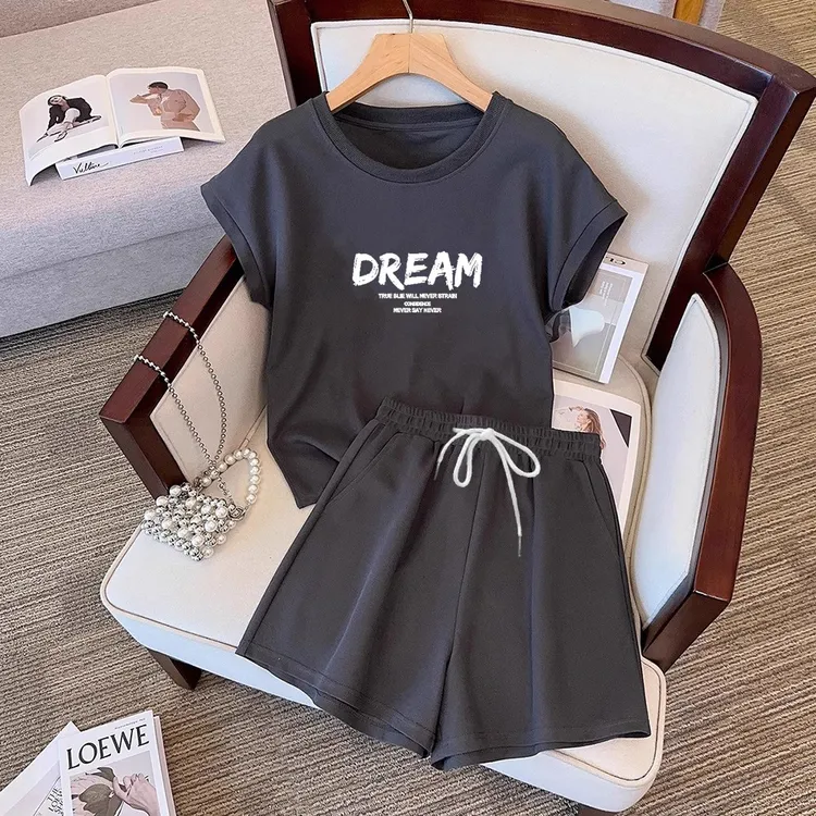 短袖休闲运动套装女夏季新款宽松显瘦时尚百搭圆领上衣短裤两件套
