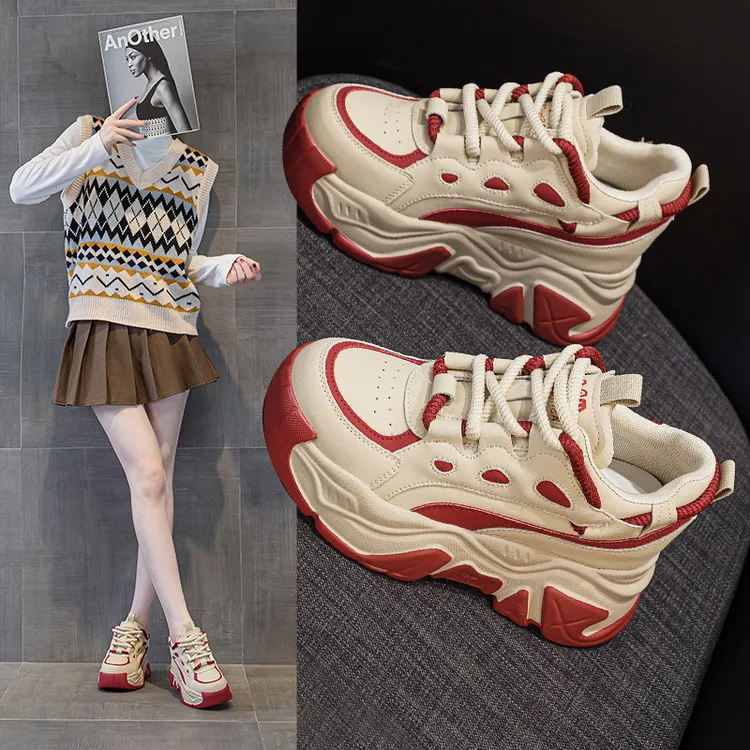 【增高8CM】2025秋季新款小个子真皮拼色老爹鞋厚底坡跟休闲运动鞋