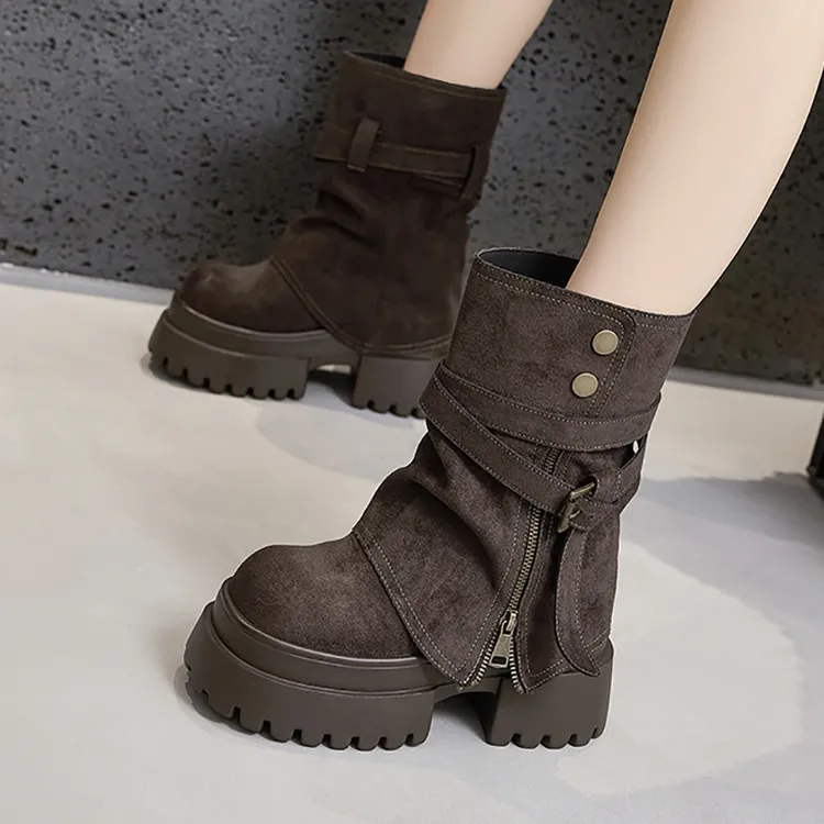 【增高10CM】厚底马丁靴女2025秋冬新款小个子休闲靴子中筒烟筒靴