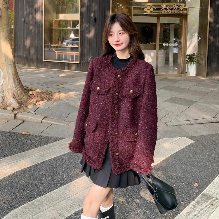 安格拉红小香风外套女冬季新款小个子高级感粗花呢流苏夹棉厚外套