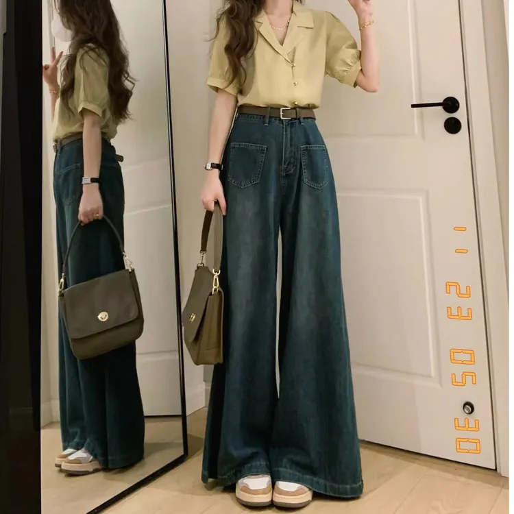 美式复古大阔腿牛仔裤女秋季新款小个子高腰宽松遮肉显瘦拖地裤子