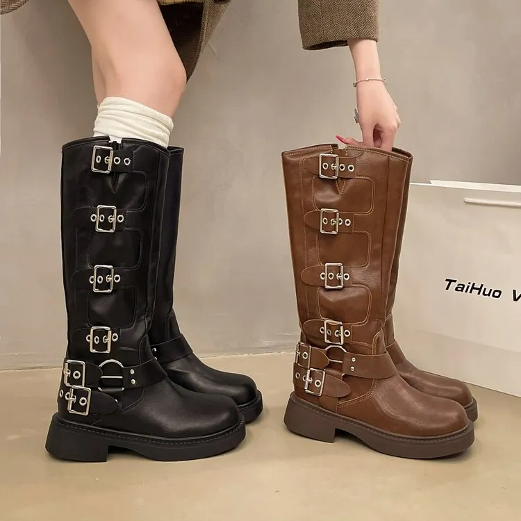 【新疆顺丰包邮】长靴女鞋2024新款厚底时尚英伦风皮靴X81