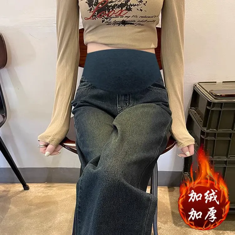 孕妇牛仔裤秋冬款外穿大码阔腿裤2025新款冬季加绒加厚直筒裤冬装