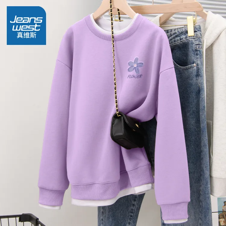 真维斯 卫衣春秋款2024新款假两件圆领外套胖mm宽松显瘦长袖上衣