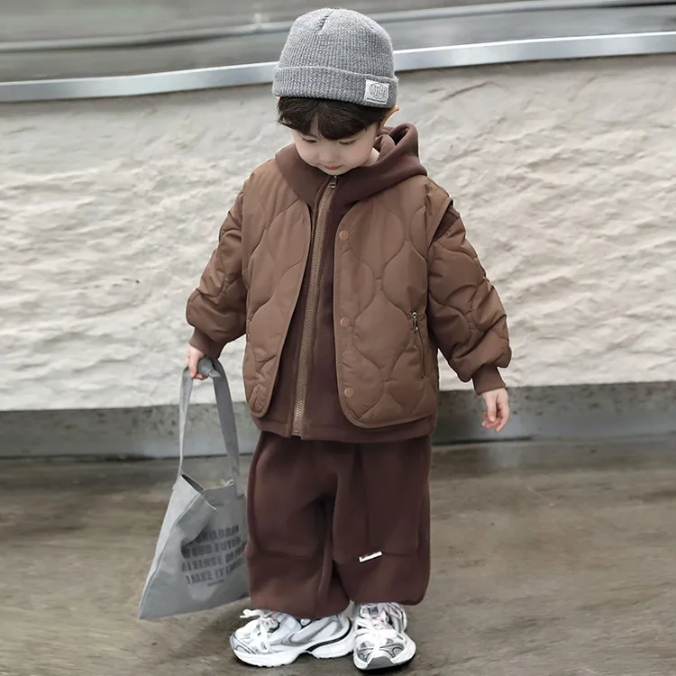 男童加绒套装秋冬装2025新款儿童马甲三件套洋气男宝冬季加厚童装