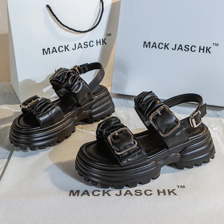 香港MACKJASCHK2024夏季新款真皮厚底女鞋百搭坡跟运动罗马凉鞋女