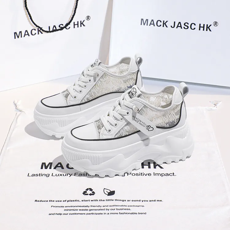 香港MACKJASCHK厚底内增高小白鞋女2024夏季新款薄款网纱透气板鞋